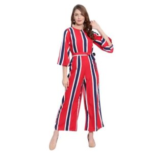 Vaishno Mata Women’s Fashionable Striped Design 3/4 Sleeves Flared Bottom Jumpsuit For Casual Wear